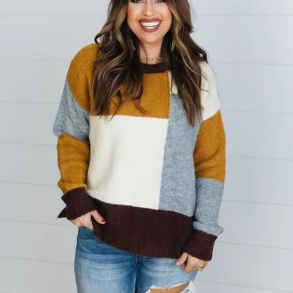 NEW | Boutique | Color block Mixed Media Top | Brown Multi | Large - Picture 1 of 5